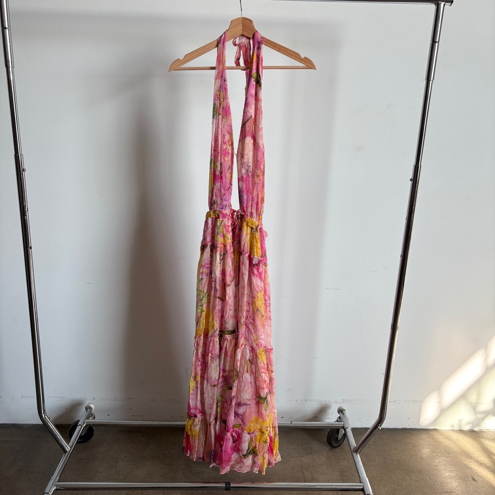 Rococo Sand Pink and Yellow Floral Halter Maxi Dress